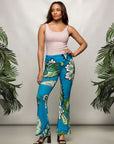 24seven Comfort Apparel Teal Paisley Print Bell Bottom Foldover Waist Pants