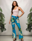 24seven Comfort Apparel Teal Paisley Print Bell Bottom Foldover Waist Pants