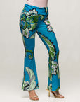 24seven Comfort Apparel Teal Paisley Print Bell Bottom Foldover Waist Pants