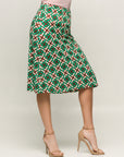 24seven Comfort Apparel Green Geometric Print Comfortable Elastic Waist Knee Length Skirt