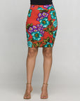 24seven Comfort Apparel Orange Floral Print Knee Length Pencil Skirt