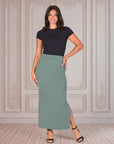 Ribbed Knit Side Slit Elastic Waist Maxi Skirt
