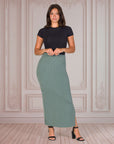 Ribbed Knit Side Slit Elastic Waist Maxi Skirt