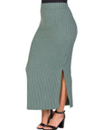 Ribbed Knit Side Slit Elastic Waist Maxi Skirt