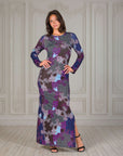 Purple Paisley Long Sleeve Side Slit Fitted Maxi Dress