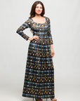 24seven Comfort Apparel Brown Geometric Print Long Sleeve Empire Waist Maxi Dress