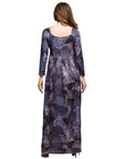 24seven Comfort Apparel Long Sleeve Empire Waist Maxi Dress in Grey Print