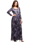 24seven Comfort Apparel Long Sleeve Empire Waist Maxi Dress in Grey Print