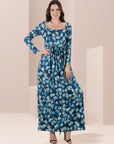 Blue Abstract Long Sleeve Pleated Maxi Dress