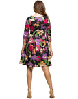 24seven Comfort Apparel Black Multicolor Floral Fit and Flare Pocket Knee Length Dress
