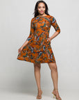 24seven Comfort Apparel Rust Paisley Print Fit Flare Knee Length Dress