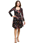 24seven Comfort Apparel Black Paisley Print Long Sleeve Fit and Flare Dress