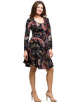 24seven Comfort Apparel Black Paisley Print Long Sleeve Fit and Flare Dress
