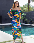 24seven Comfort Apparel Off Shoulder Multicolor Print Side Slit Maxi Dress