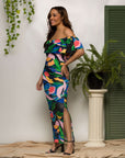 24seven Comfort Apparel Off Shoulder Multicolor Print Side Slit Maxi Dress