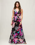 24seven Comfort Apparel Womens Black and Pink Print V Neck Empire Waist Sleeveless Maxi Dress