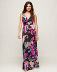 24seven Comfort Apparel Womens Black and Pink Print V Neck Empire Waist Sleeveless Maxi Dress