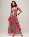 24seven Comfort Apparel Womens Pink Paisley Print V Neck Empire Waist Sleeveless Maxi Dress
