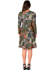 Green Paisley Print Long Sleeve Knee Length Dress