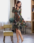 Green Paisley Print Long Sleeve Knee Length Dress