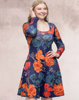 Navy Floral Print Long Sleeve Knee Length Dress