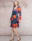 Navy Floral Print Long Sleeve Knee Length Dress