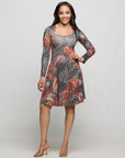 Long Sleeve Fit and Flare Dress in Brown Multi Animal Print