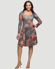 Long Sleeve Fit and Flare Dress in Brown Multi Animal Print