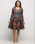 Long Sleeve Fit and Flare Dress in Green Orange Floral Print