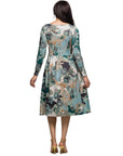 24seven Comfort Apparel Long Sleeve Midi Dress in Teal Paisley Floral Print