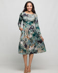 24seven Comfort Apparel Long Sleeve Midi Dress in Teal Paisley Floral Print