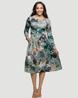 24seven Comfort Apparel Long Sleeve Midi Dress in Teal Paisley Floral Print