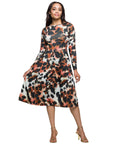 24seven Comfort Apparel Long Sleeve Midi Dress in Animal Print