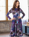 Purple Paisley Midi Length Long Sleeve Pocket Dress