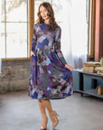Purple Paisley Midi Length Long Sleeve Pocket Dress