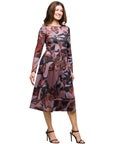 24seven Comfort Apparel Long Sleeve Midi Dress Brown Floral Print
