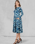 Blue Brushstroke Print Long Sleeve Pleated Midi Dress with Pockets