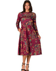 Wine Paisley Midi Length Long Sleeve Pocket Dress