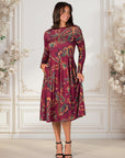 Wine Paisley Midi Length Long Sleeve Pocket Dress