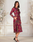 Wine Paisley Midi Length Long Sleeve Pocket Dress