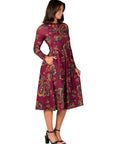 Wine Paisley Midi Length Long Sleeve Pocket Dress