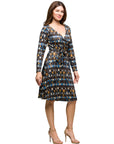 24seven Comfort Apparel Long Sleeve Wrap Dress with Belt in Brown Blue Geometric Print