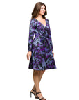 24seven Comfort Apparel Long Sleeve Wrap Dress with Belt Purple Black Print