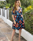Womens Black Floral Print Elbow Sleeve Knee Length Dress