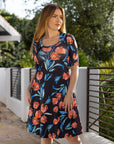 Womens Black Floral Print Elbow Sleeve Knee Length Dress