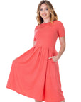 Midi Dress with Short Sleeves and Pocket Detail