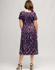 24seven Comfort Apparel Womens Purple Print Short Sleeve Pleated Flare Midi Pocket Dress