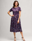 24seven Comfort Apparel Womens Purple Print Short Sleeve Pleated Flare Midi Pocket Dress