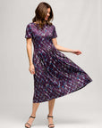 24seven Comfort Apparel Womens Purple Print Short Sleeve Pleated Flare Midi Pocket Dress