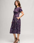 24seven Comfort Apparel Womens Purple Print Short Sleeve Pleated Flare Midi Pocket Dress
